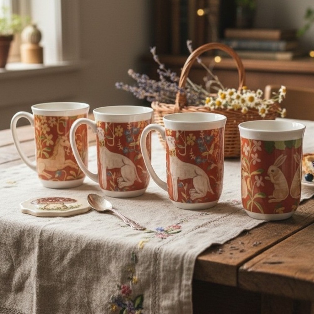 Seymour Mann Flemish Tapestry Hunt Mugs, Set of 4, Dog Monkey Rabbit Unicorn